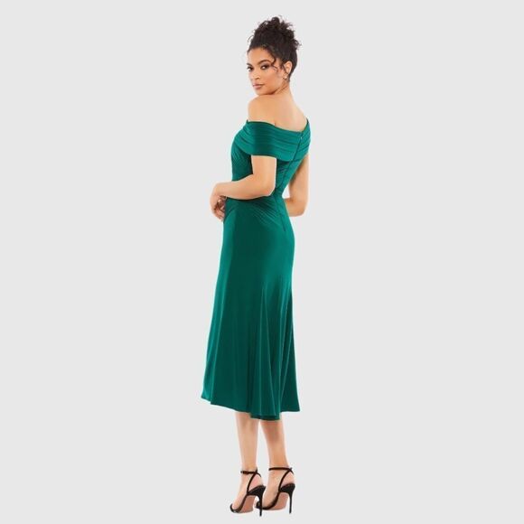 MAC DUGGAL 26484 Womens Green Ruched Off-The-Shoulder Midi Dress - Picture 4 of 14